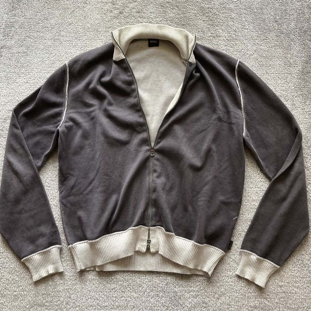 Hugo Boss Long Sleeve‎ Zip Up Brown Beige Sweater Jacket Size Medium